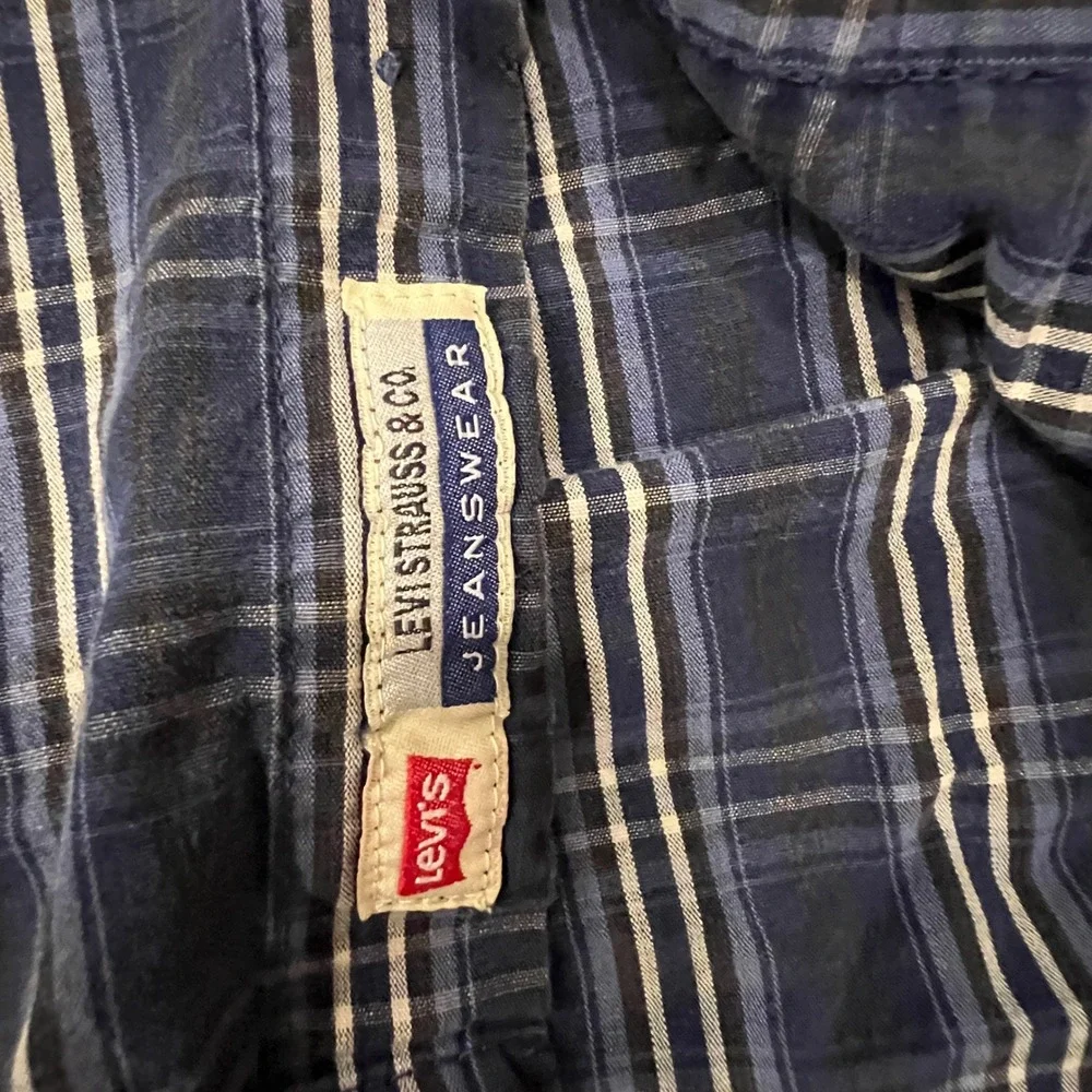 Levis Jeanswear Mens XL Navy Blue Plaid Cotton Long Sleeve Button Down Shirt
